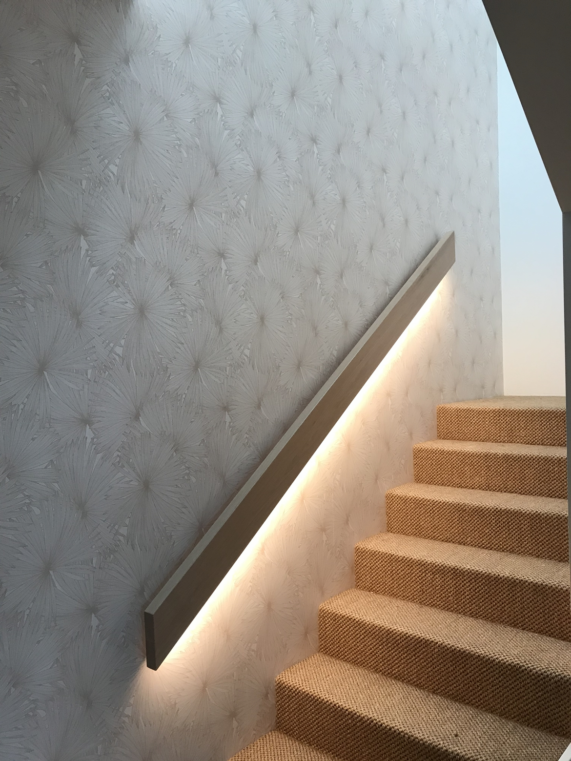 Carpeted staircase with a recessed LED handrail glowing along a textured white wall